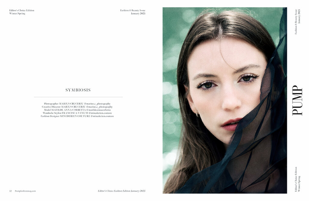 Ritratto editoriale di una giovane modella con un velo scuro, scattato da Marius Cruceriu per Pump Magazine nell'ambito del progetto Symbiosis sulla sostenibilità.