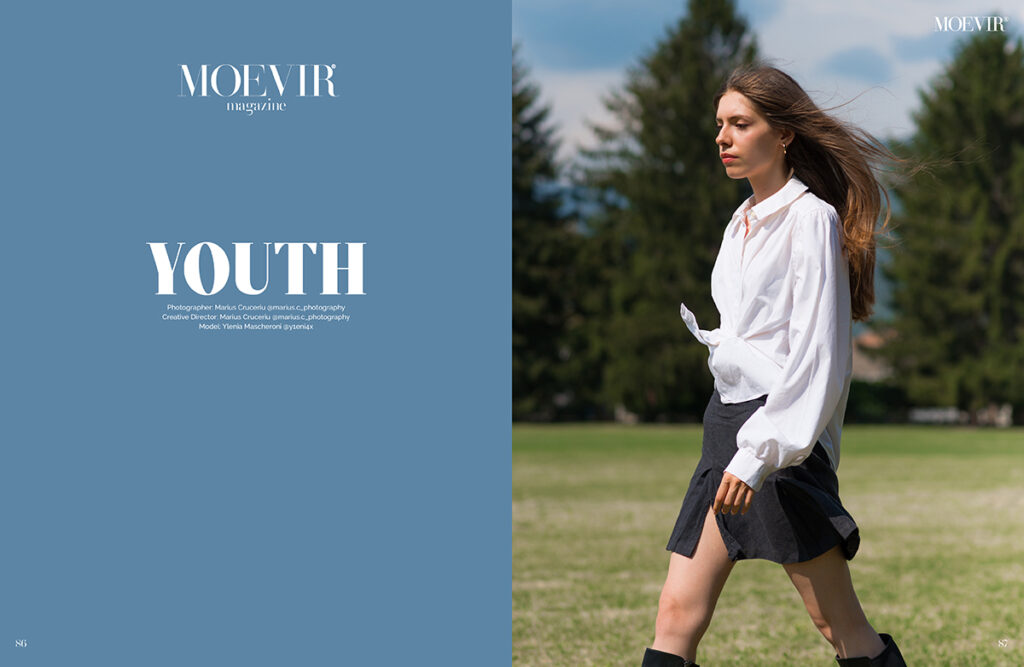 Editoriali di moda per Moevir Magazine: progetto Youth tra luce naturale e identità visiva contemporanea.