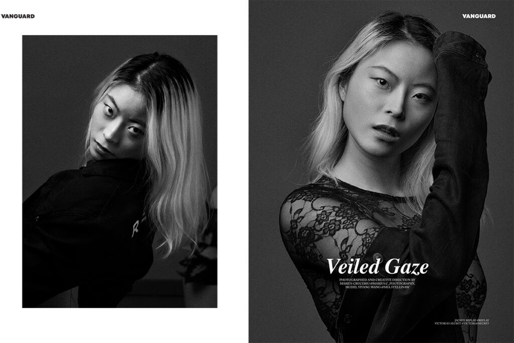 Editoriale con modella in bianco e nero per Vanguard Magazine: fotografia di moda cinematografica.