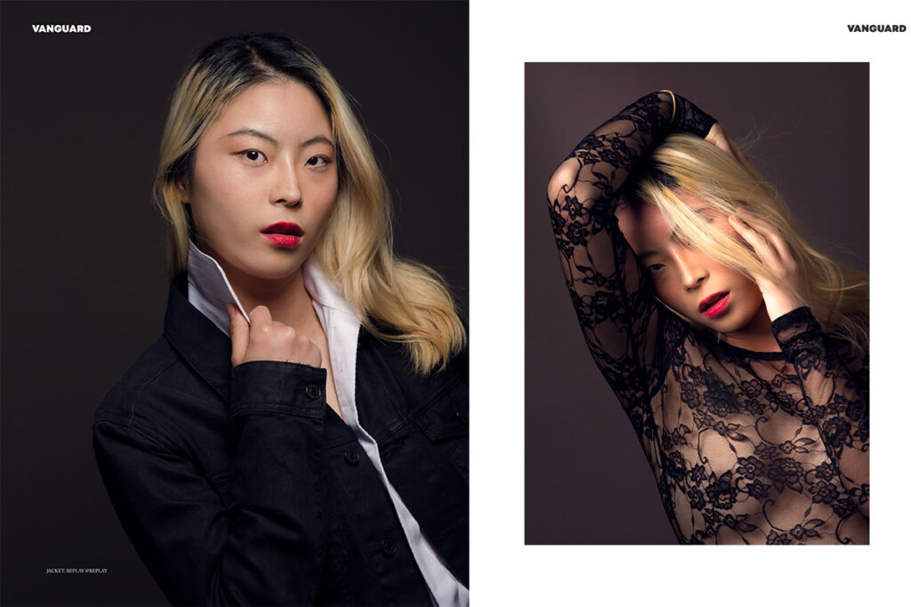 Servizio editoriale di moda con dettagli sartoriali e composizioni eleganti per Vanguard Magazine.