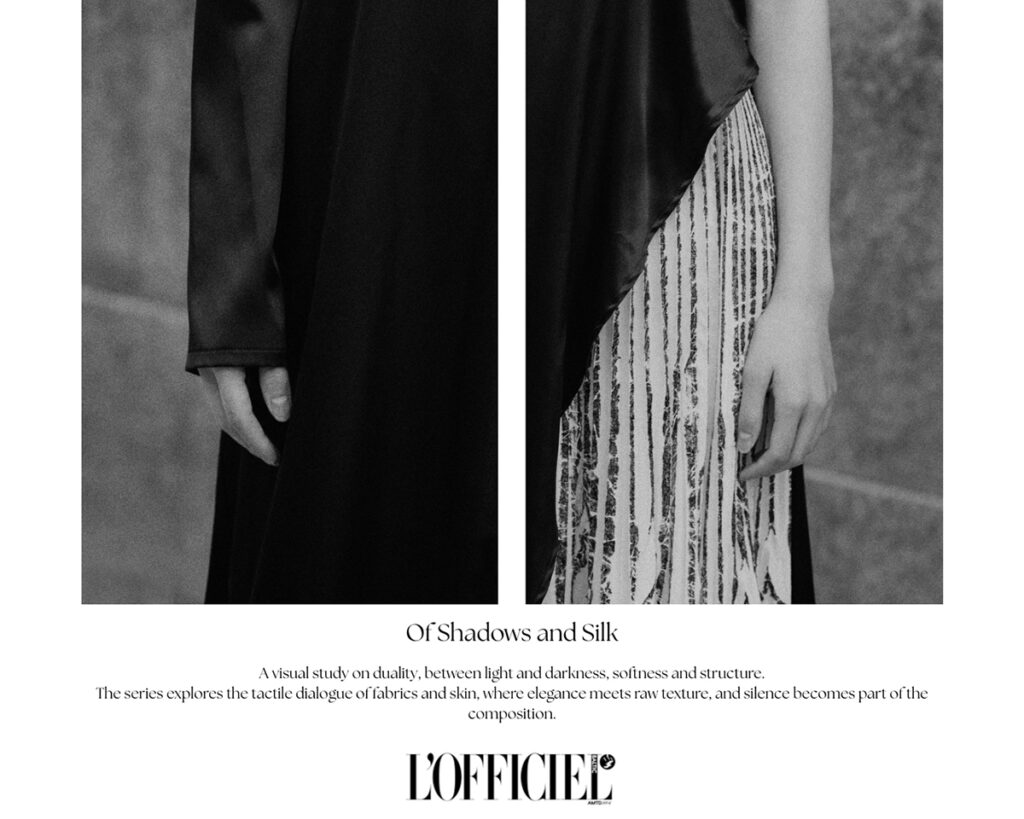 Pubblicazione editoriale su L'Officiel Baltics intitolata "Of Shadows and Silk", dittico fotografico in bianco e nero che mostra dettagli di tessuto e texture, realizzato da Marius Cruceriu.